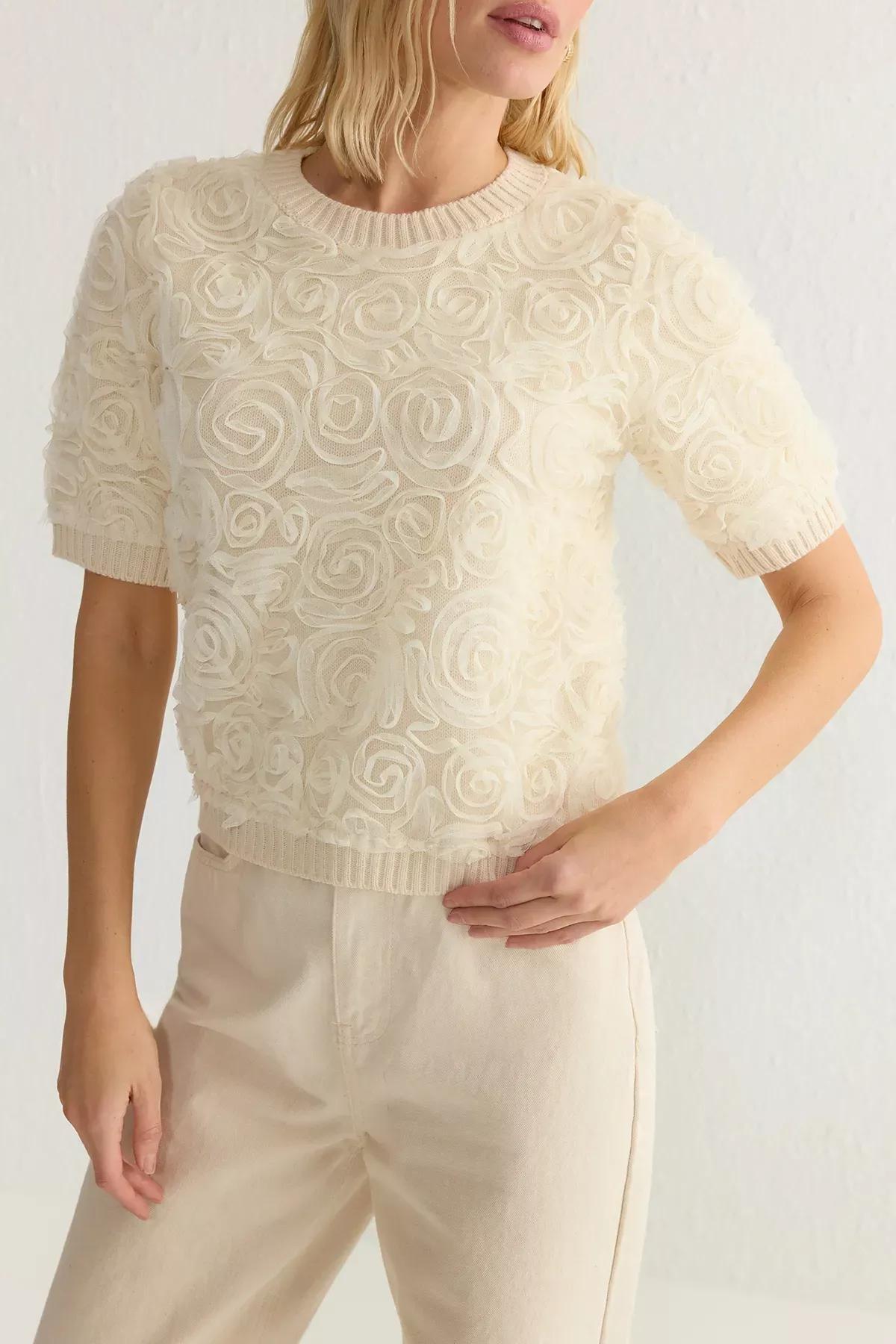 Beige Tulle Rose Print Blouse, Ecru, large image number 3