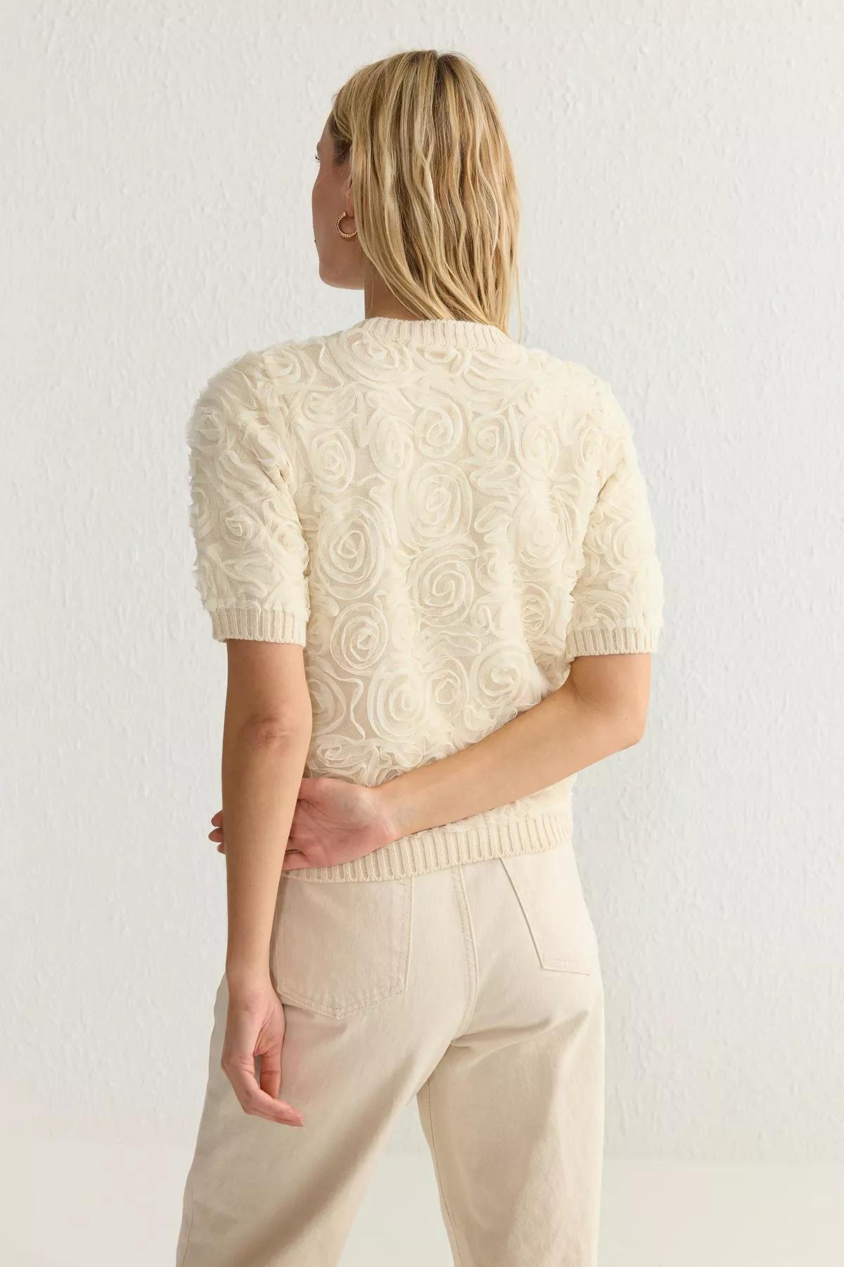 Beige Tulle Rose Print Blouse, Ecru, large image number 4
