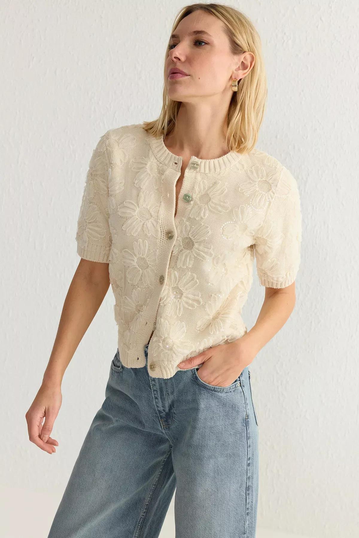 Beige Floral Patterned Knitwear Cardigan, Ecru, large image number 0