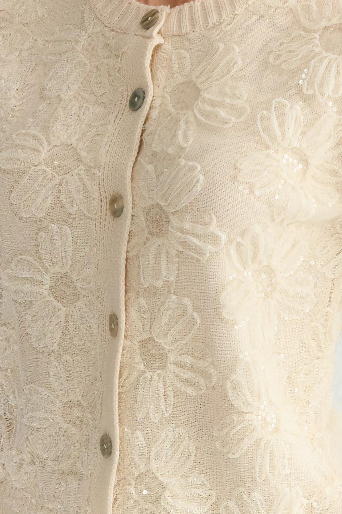 Beige Floral Patterned Knitwear Cardigan, Ecru, large image number 2