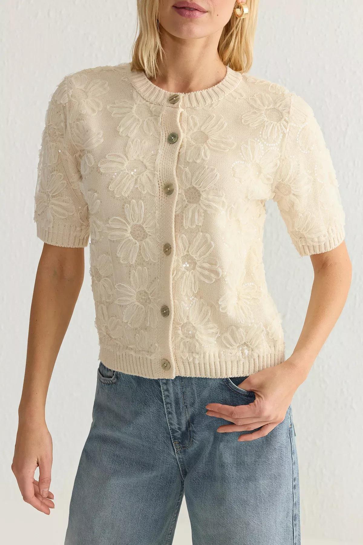 Beige Floral Patterned Knitwear Cardigan, Ecru, large image number 3