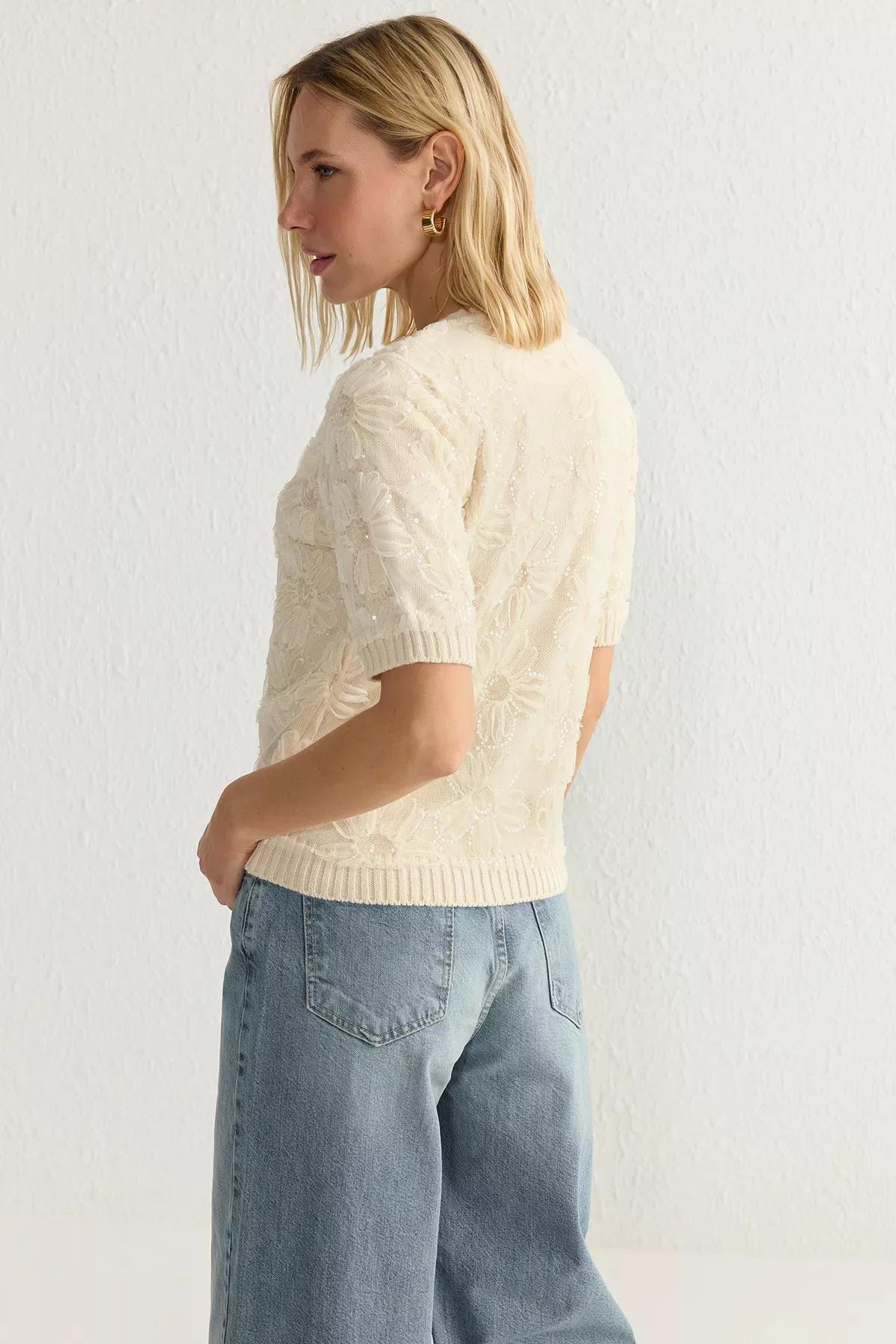 Beige Floral Patterned Knitwear Cardigan, Ecru, large image number 4