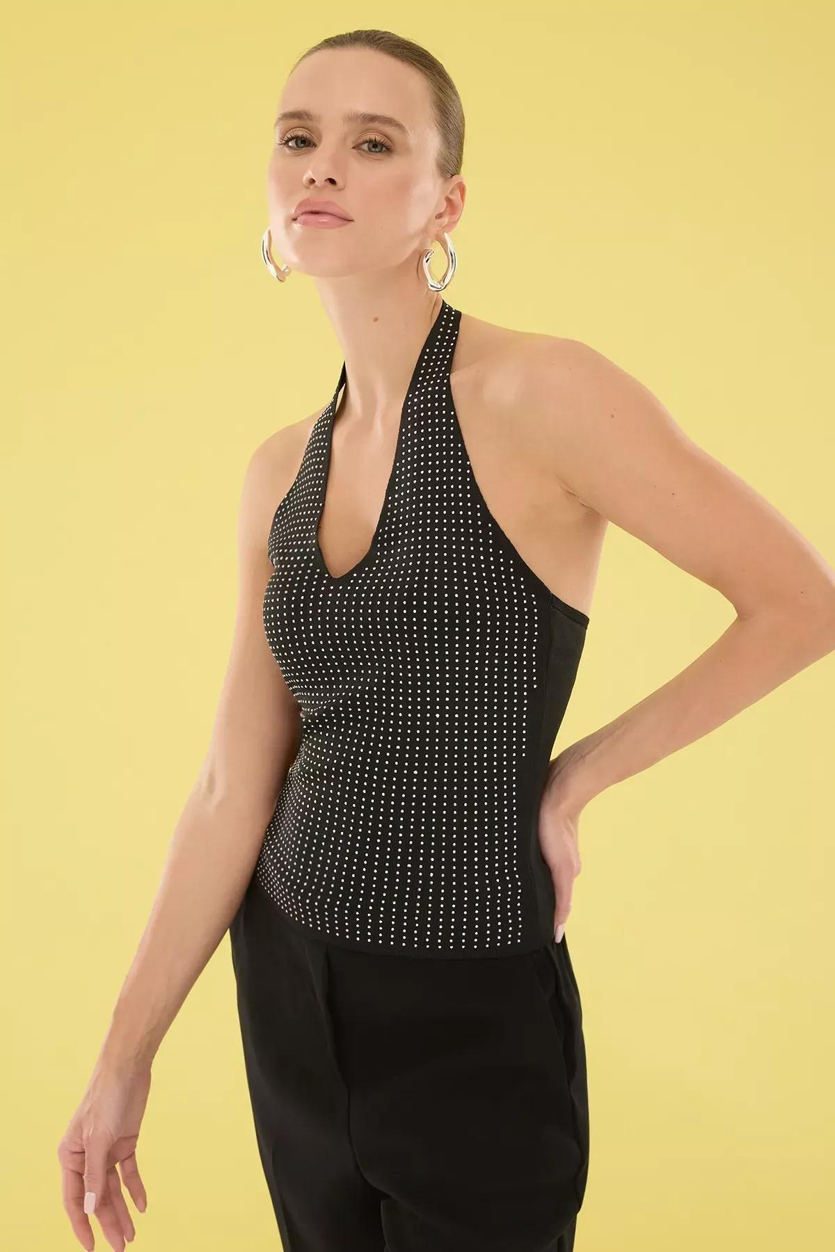 Black Halter Neck Knit Thin Blouse, , large image number 0