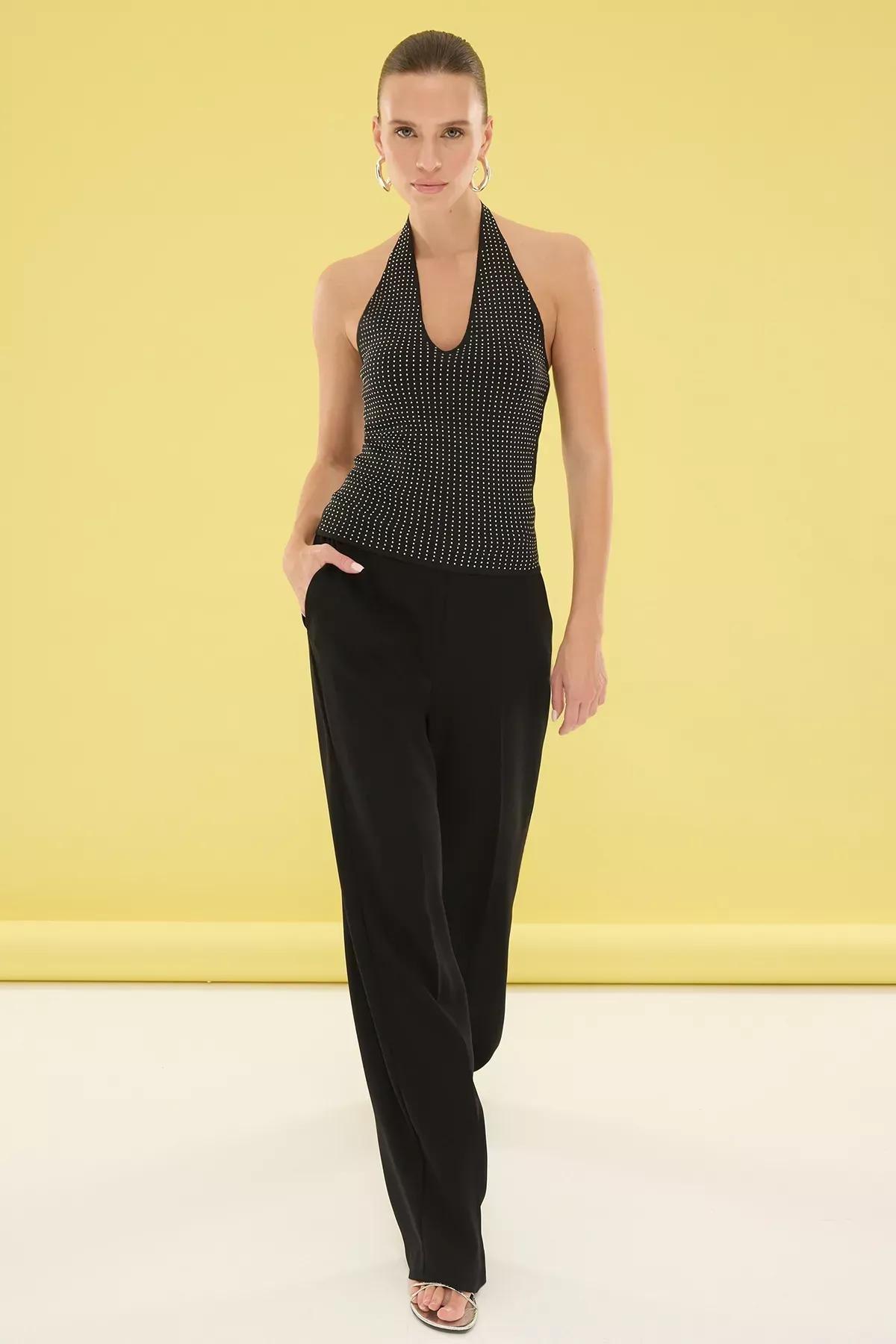 Black Halter Neck Knit Thin Blouse, , large image number 1