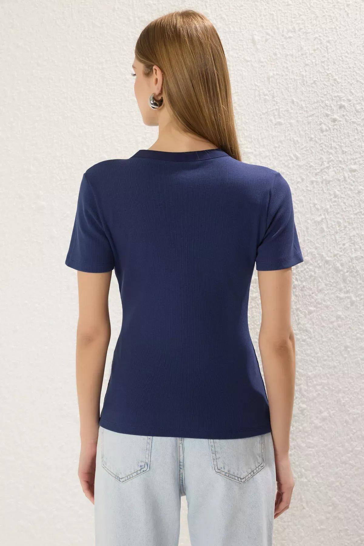 Navy Ribbed Knit Blouse, Navy blue, large image number 3