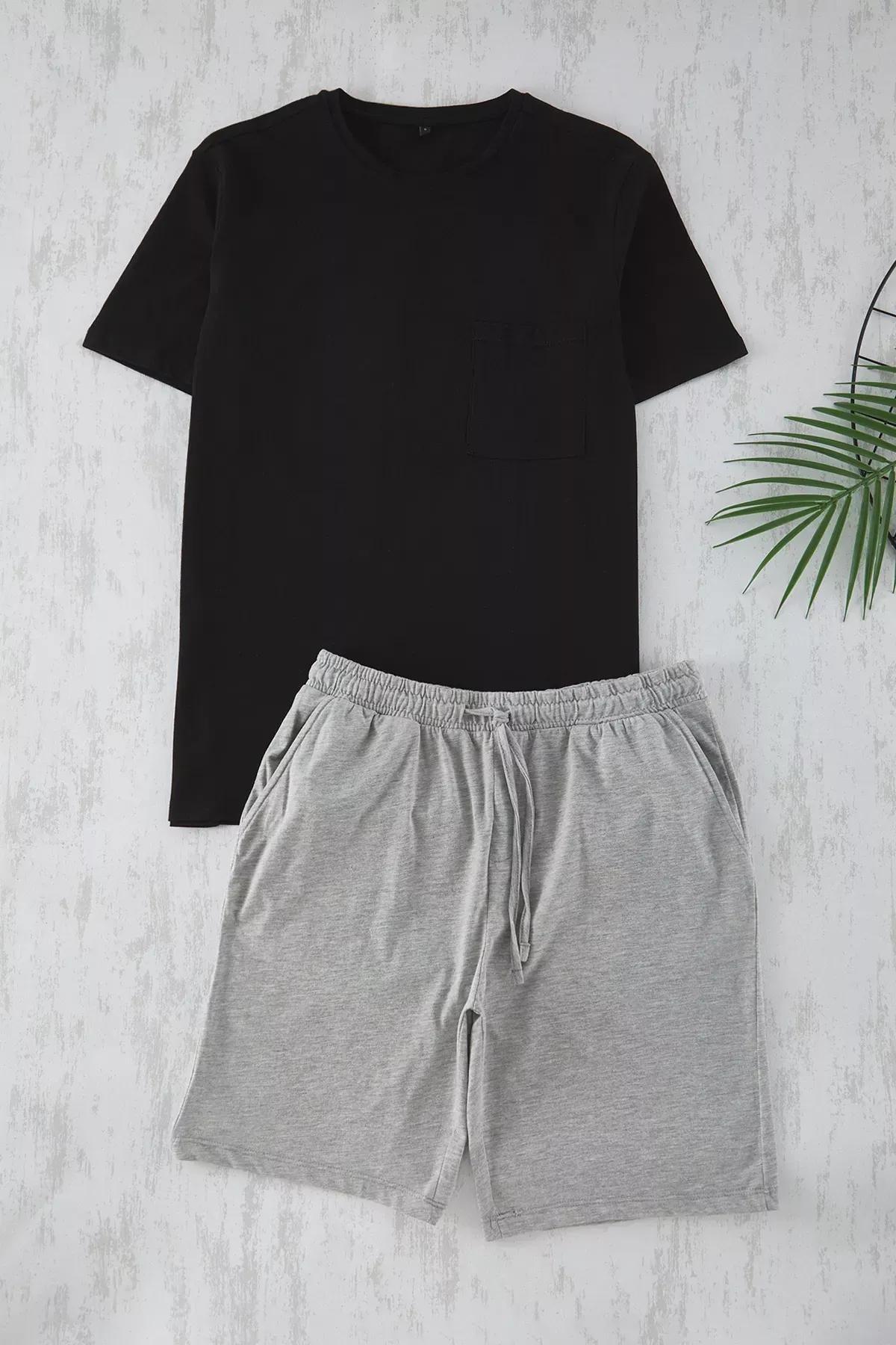 Black-Grey Knit Pajama Shorts Set, , large image number 0