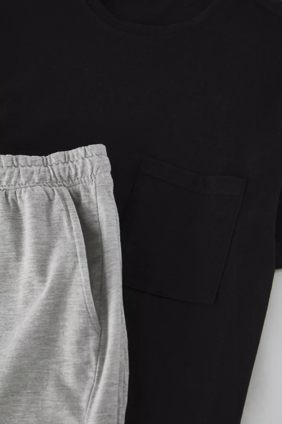 Black-Grey Knit Pajama Shorts Set, , large image number 1