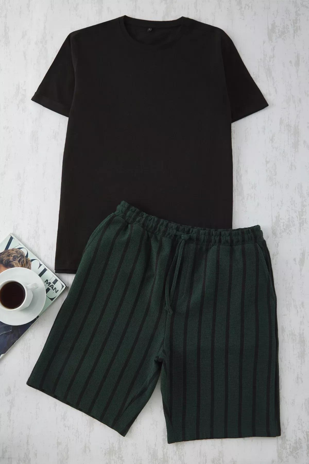 Black Green Regular Fit Striped Pajama Set, , large image number 0