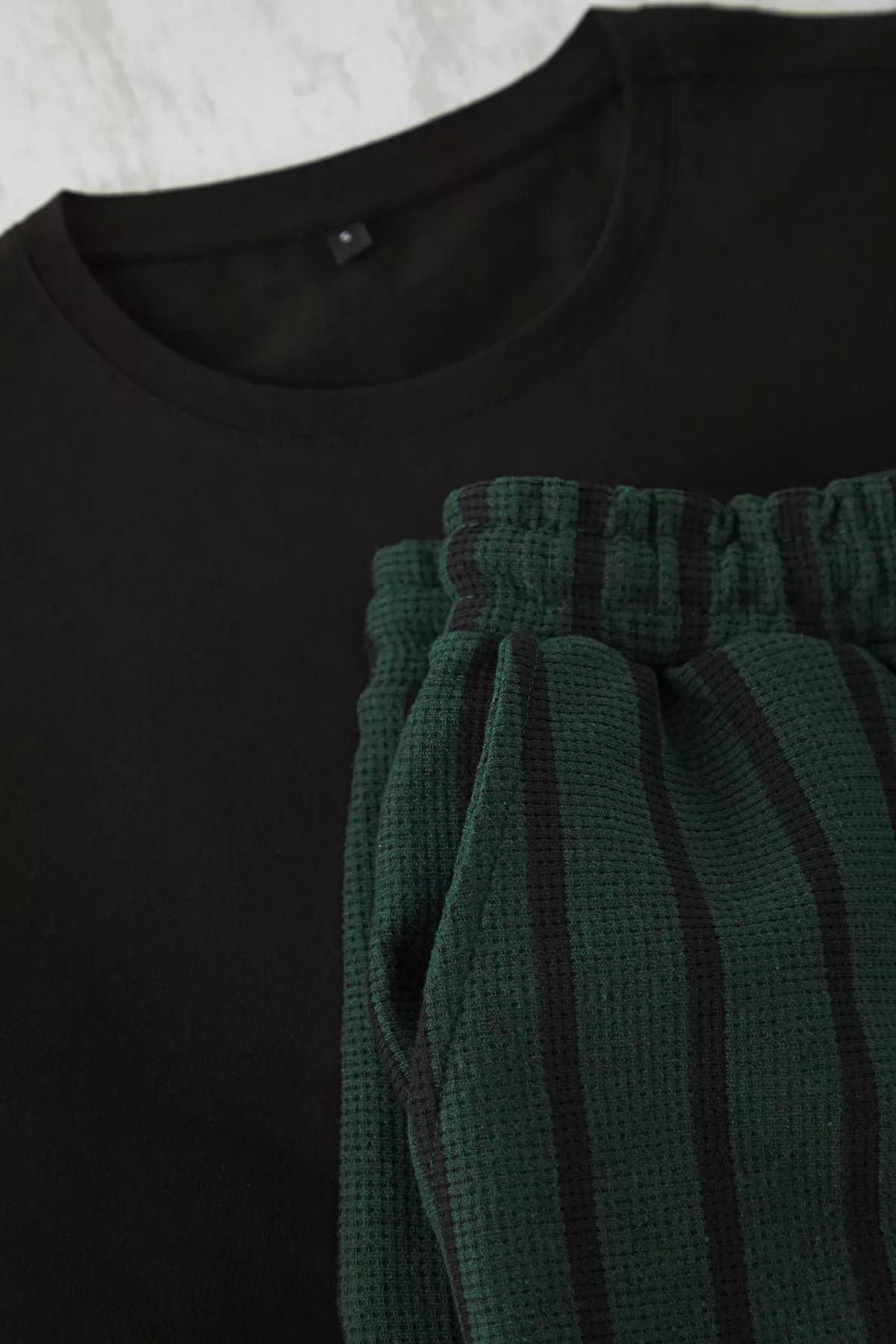 Black Green Regular Fit Striped Pajama Set, , large image number 1