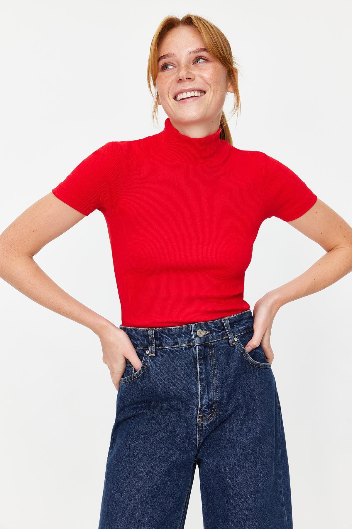 Red Fitted Collared Ribbed Knitted Blouse, , large image number 0
