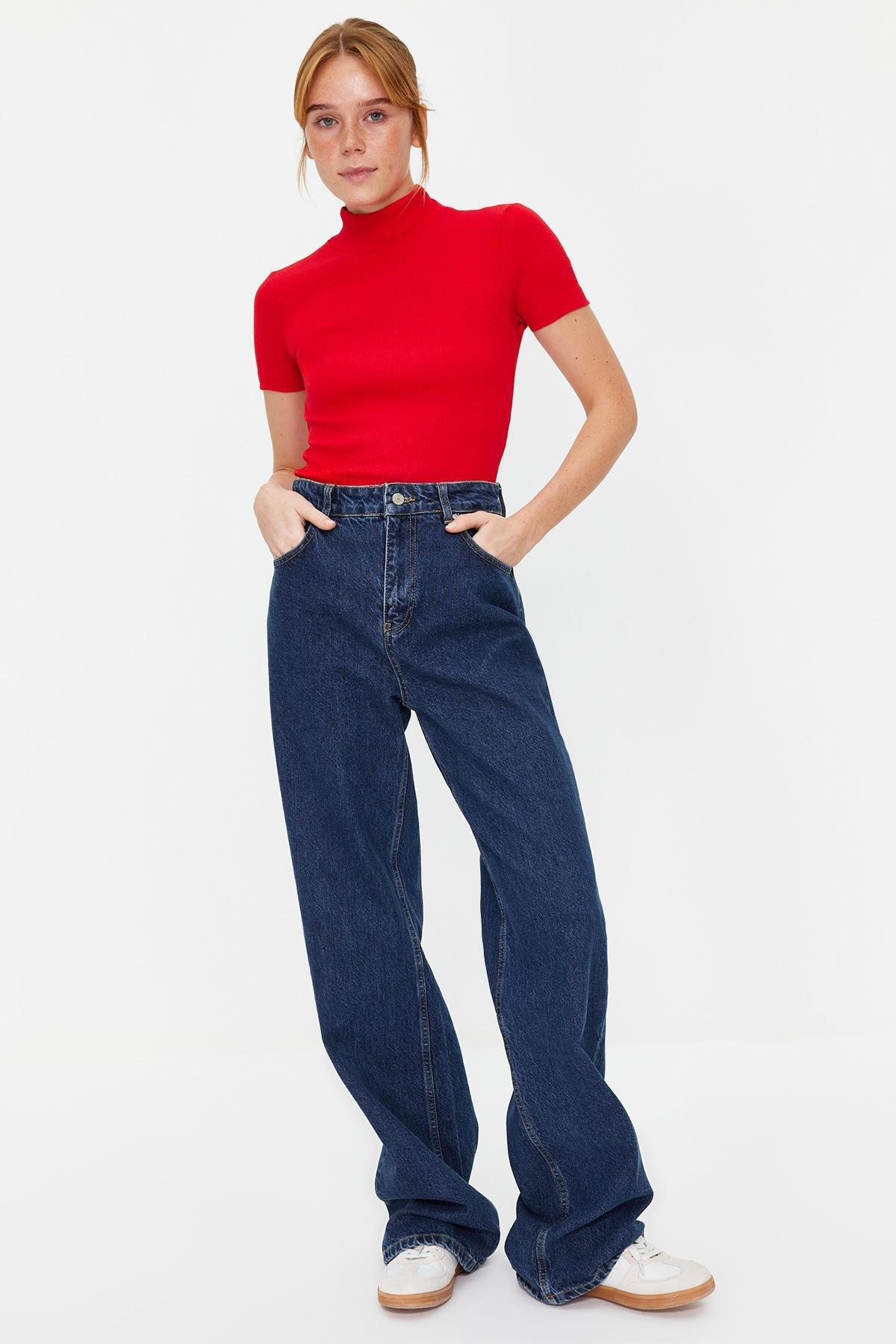 Red Fitted Collared Ribbed Knitted Blouse, , large image number 1