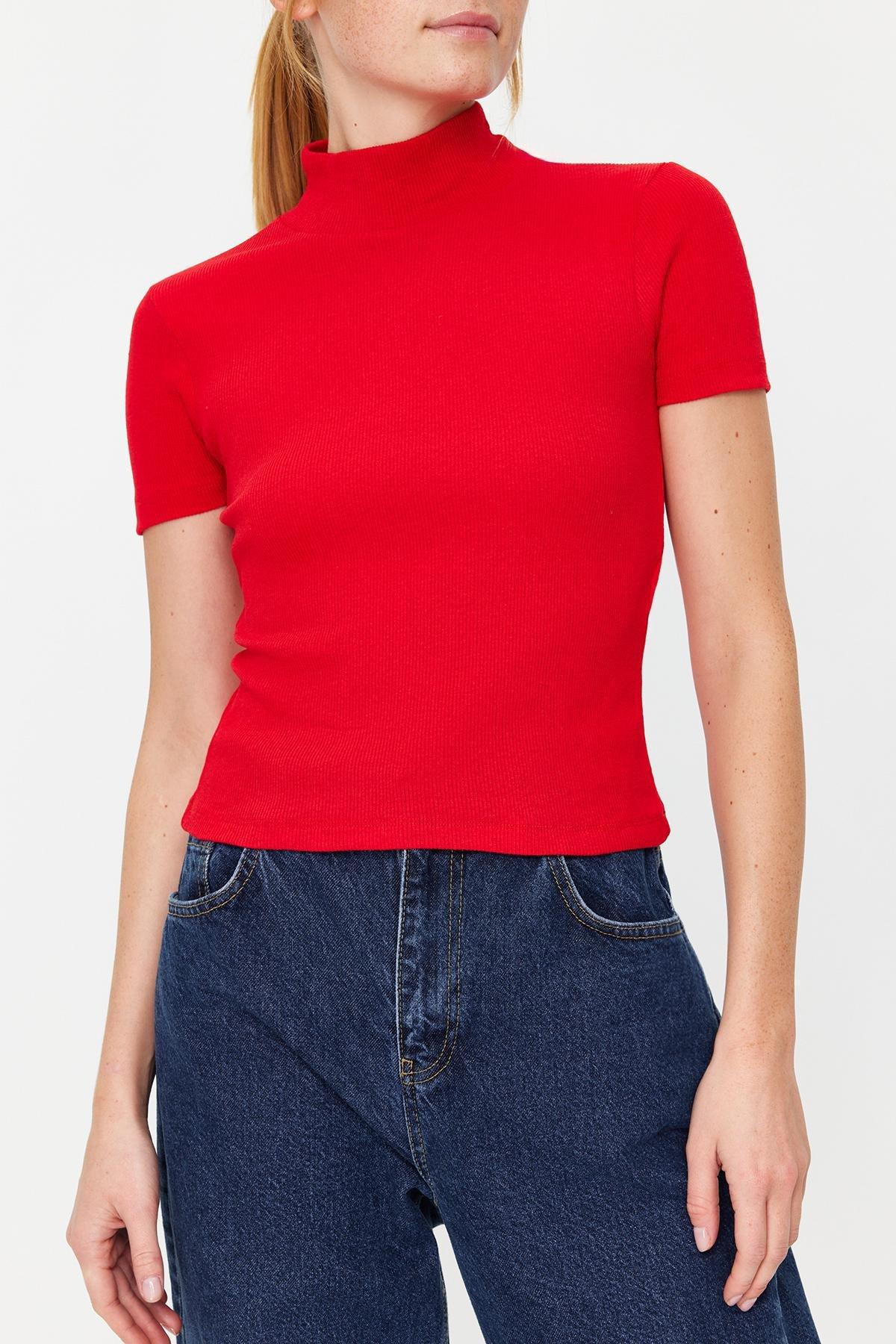 Red Fitted Collared Ribbed Knitted Blouse, , large image number 3