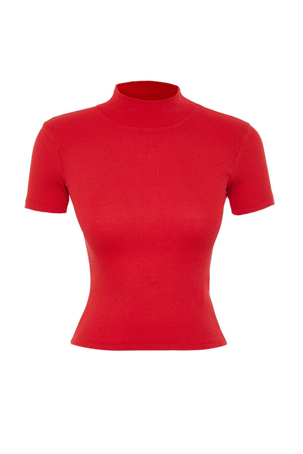 Red Fitted Collared Ribbed Knitted Blouse, , large image number 5