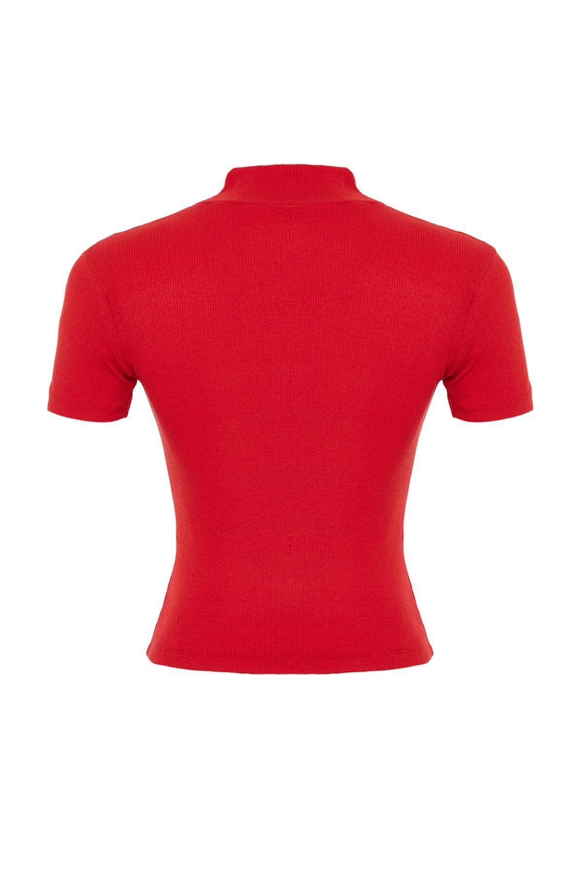 Red Fitted Collared Ribbed Knitted Blouse, , large image number 6