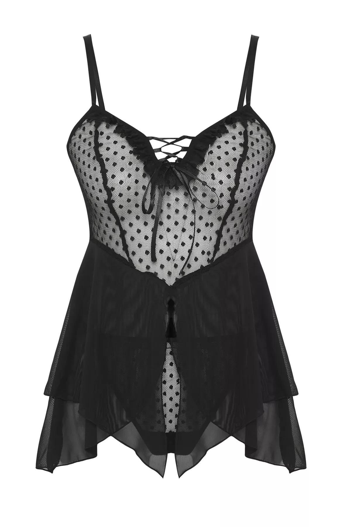 Black Lace Polka Dot Babydoll Set, BLACK, large image number 4