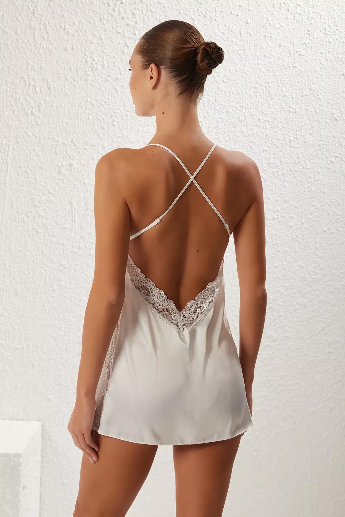 White satin lace rope nighty, White, large image number 4