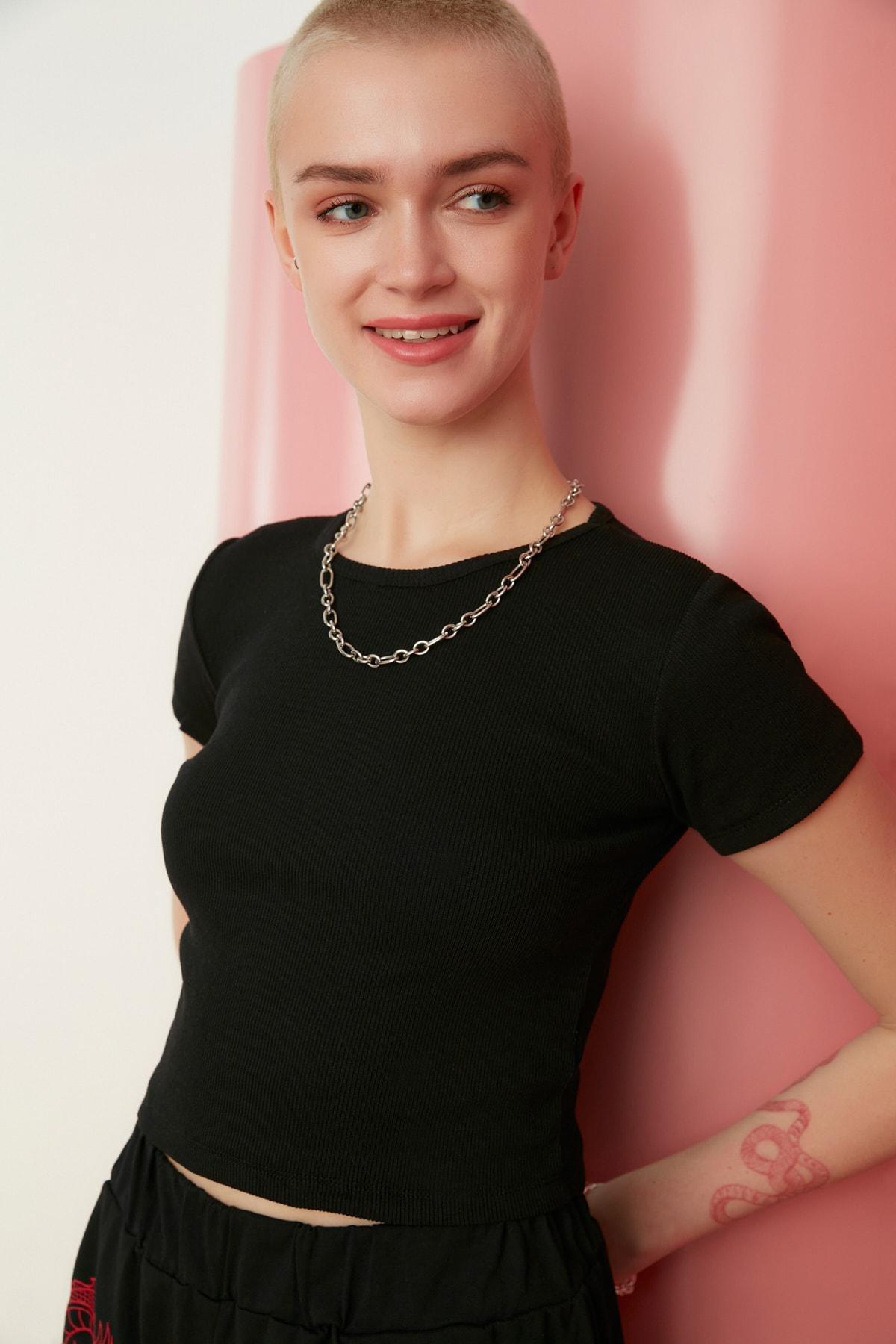 Black Slim Crew Neck Blouse, , large image number 0