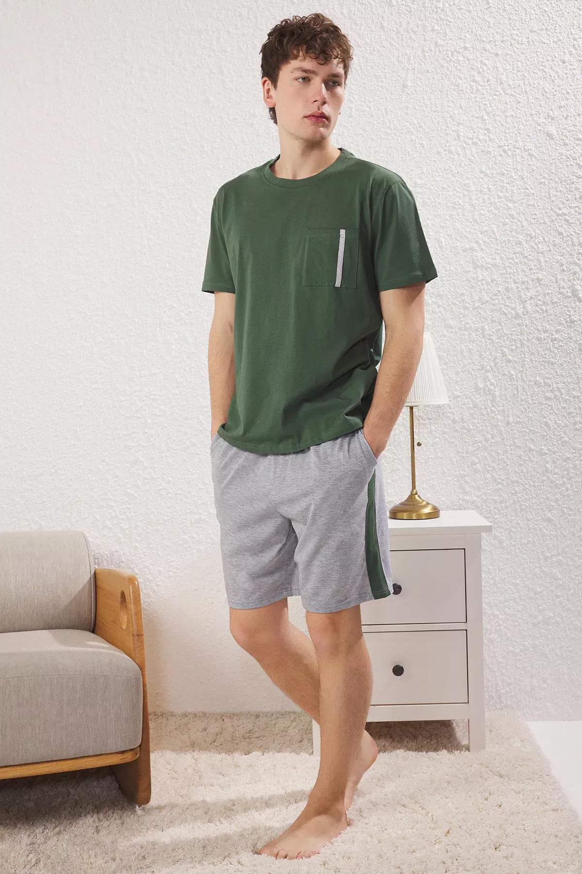 Green Regular Fit Paneled Knitted Pajama Set, , large image number 0