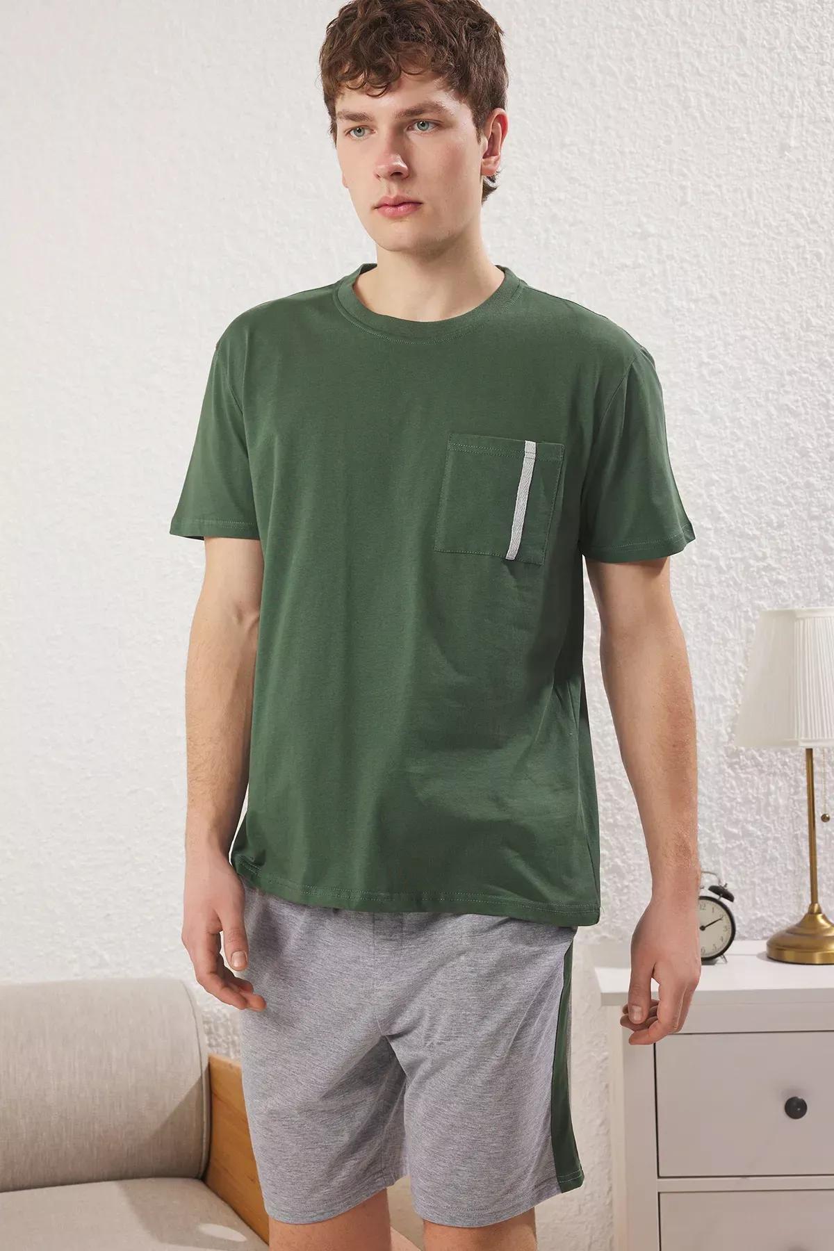 Green Regular Fit Paneled Knitted Pajama Set, , large image number 1
