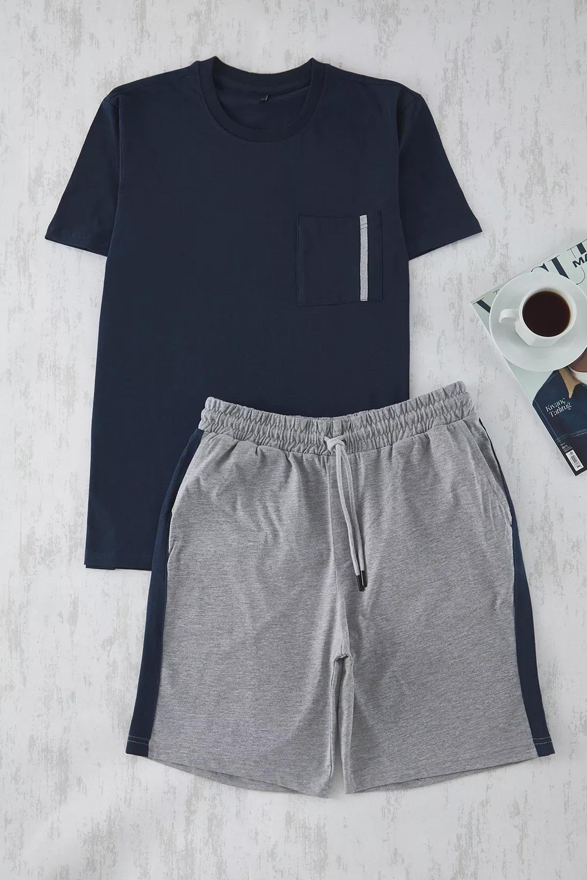 Navy Regular Fit Panelled Pajama Set, Navy blue, large image number 0
