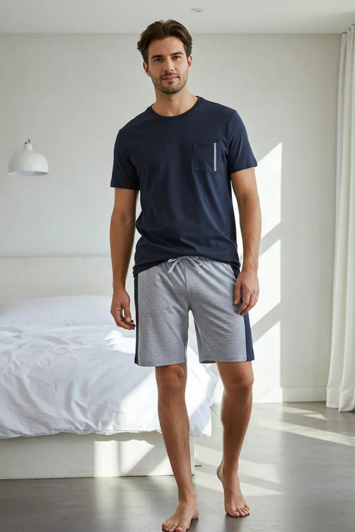Navy Regular Fit Panelled Pajama Set, Navy blue, large image number 1