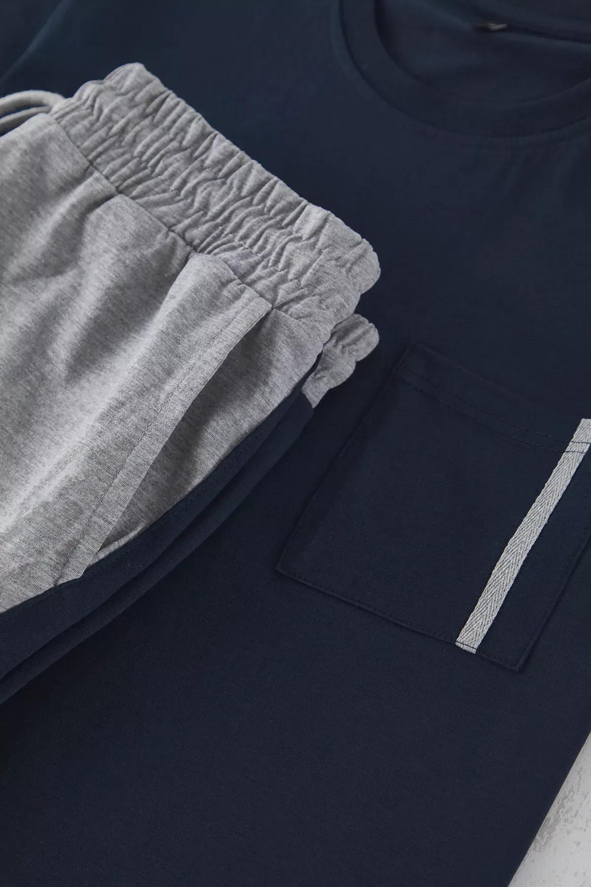 Navy Regular Fit Panelled Pajama Set, Navy blue, large image number 2