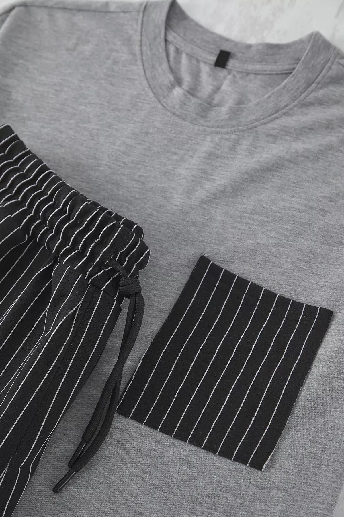 Grimelanj - Black Regular Fit Striped Pajama Set, Grey, large image number 3