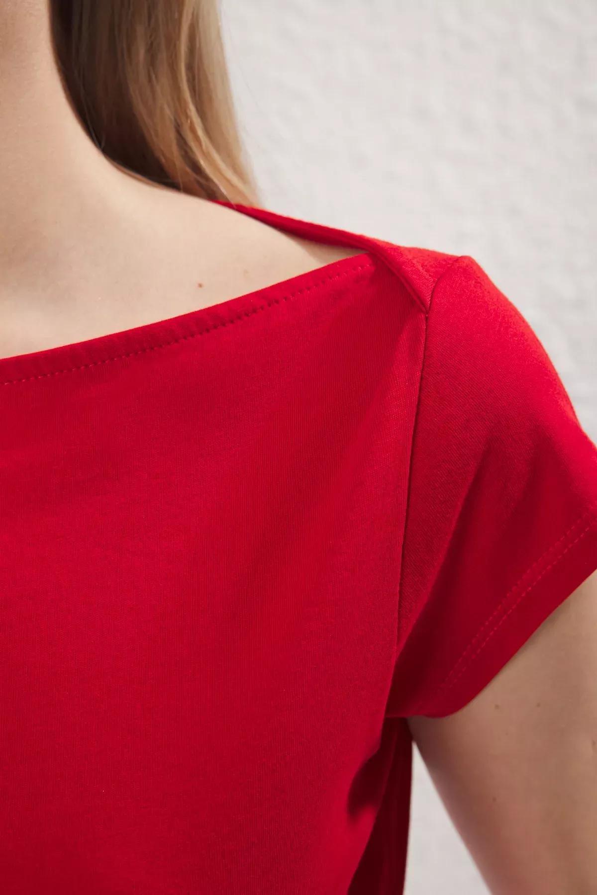 Red Boat Neck Knit Blouse, Red, large image number 2