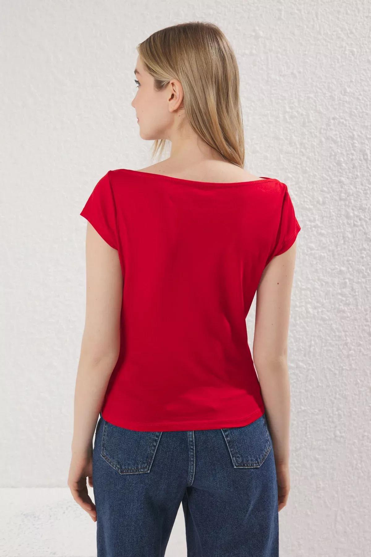 Red Boat Neck Knit Blouse, Red, large image number 3