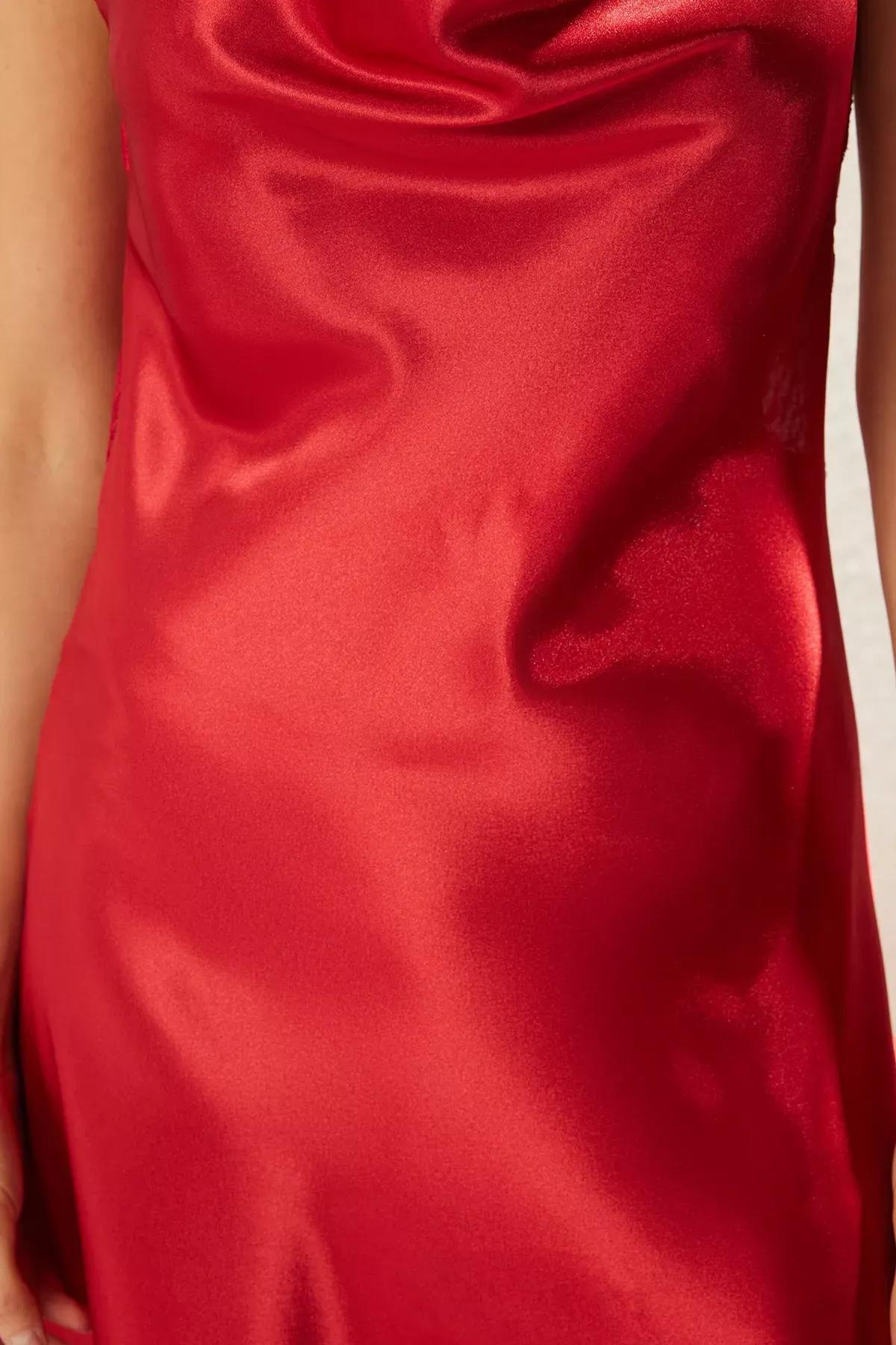 Burgundy Laced Detailed Satin Woven Dress, C101_7277, large image number 4