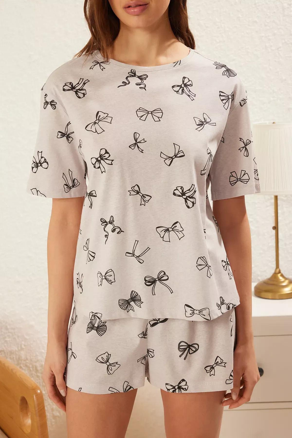 Grey Ribbon Bow Pajama Set, , large image number 2