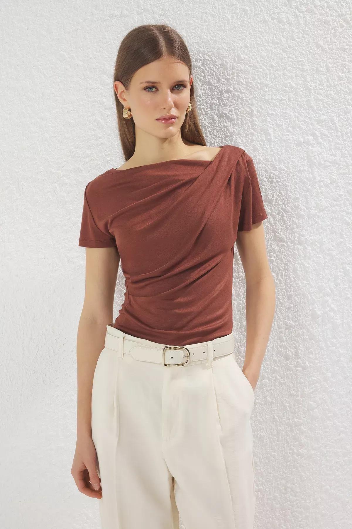 Brown Draped Fitted Blouse, Brown, large image number 0