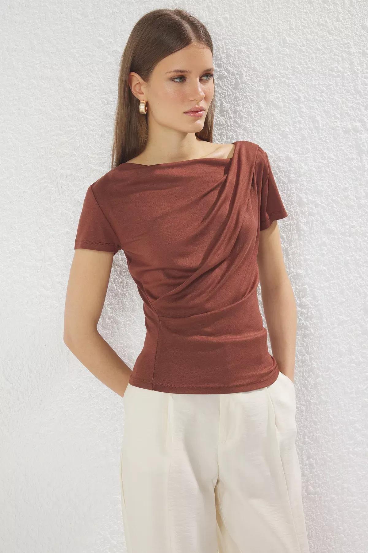 Brown Draped Fitted Blouse, Brown, large image number 1