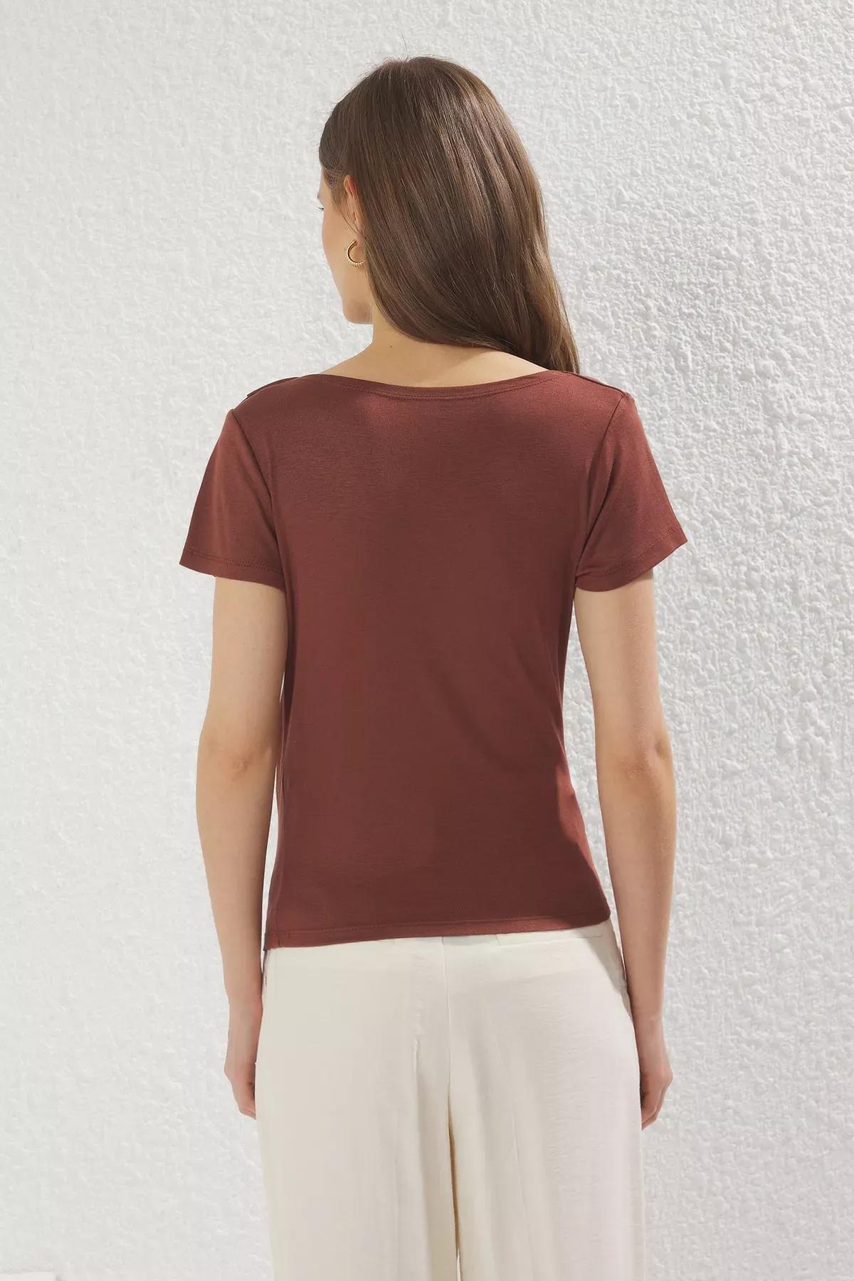 Brown Draped Fitted Blouse, Brown, large image number 3