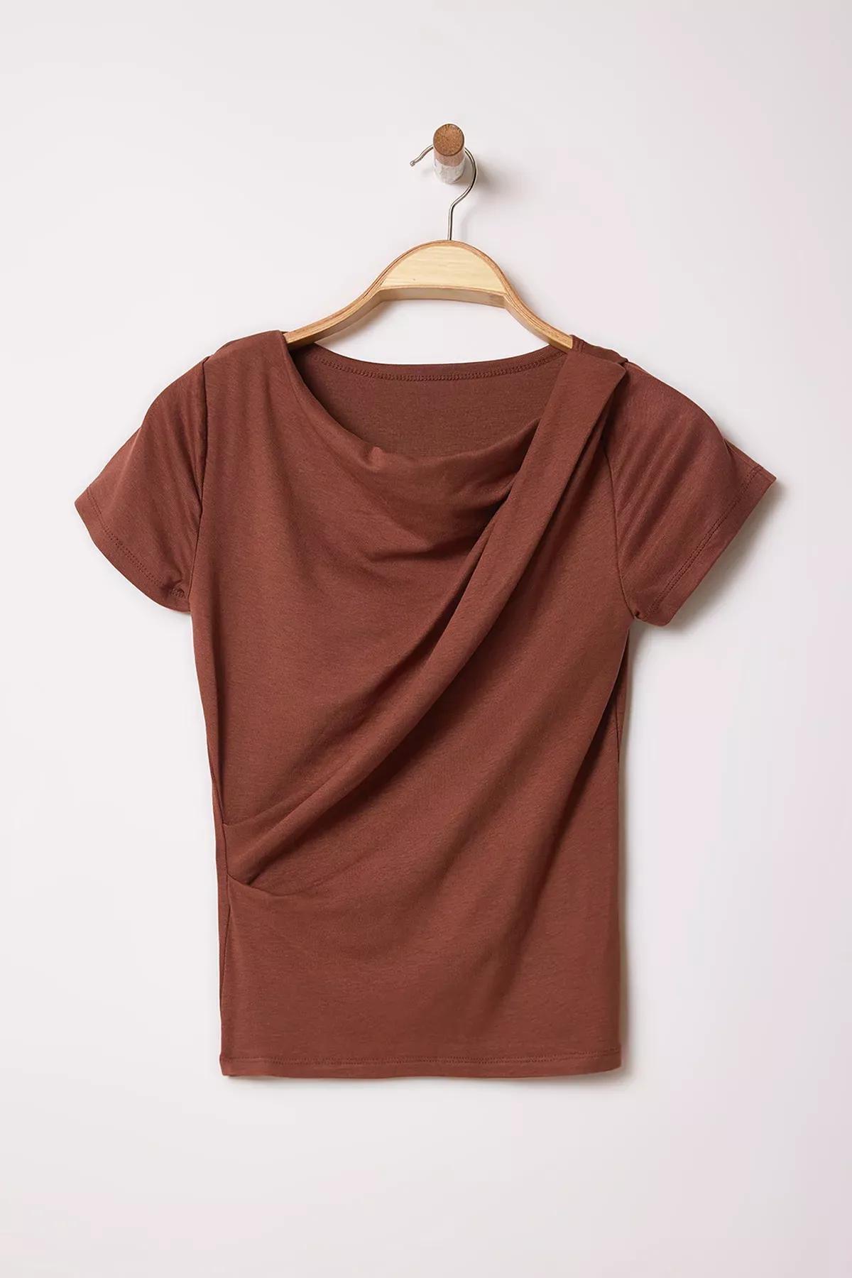 Brown Draped Fitted Blouse, Brown, large image number 4