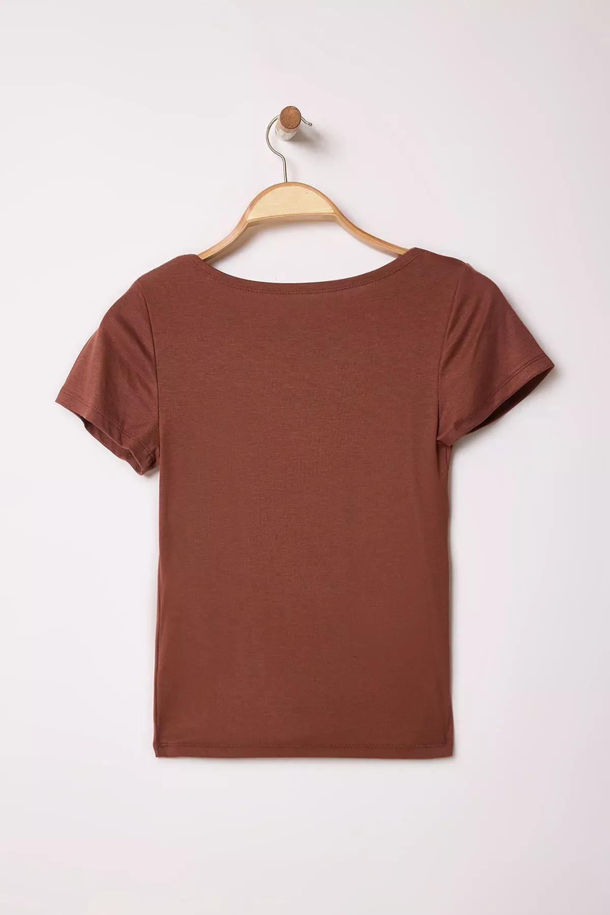 Brown Draped Fitted Blouse, Brown, large image number 5