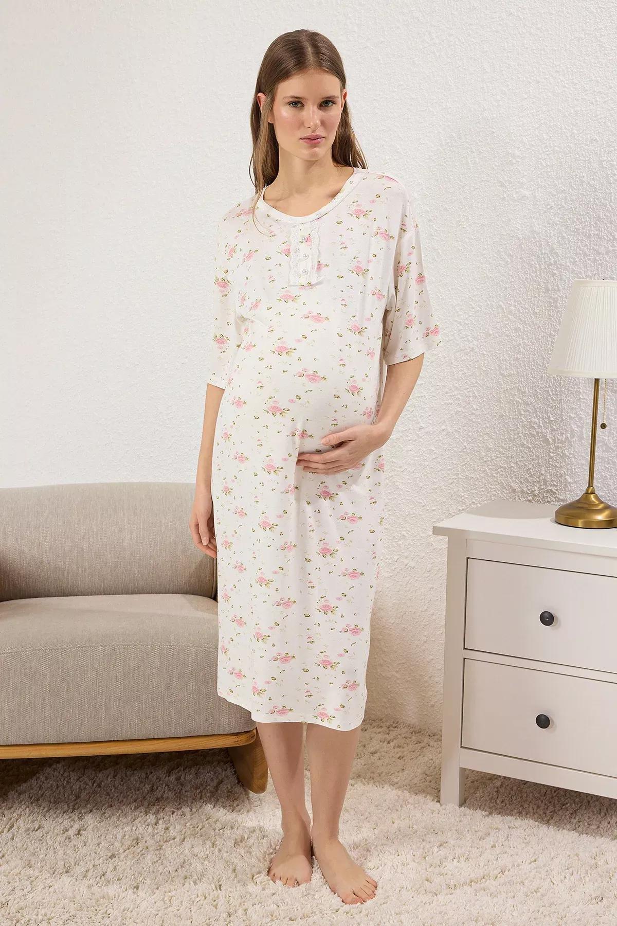 White Lace Midi Maternity Nightgown,, White, medium