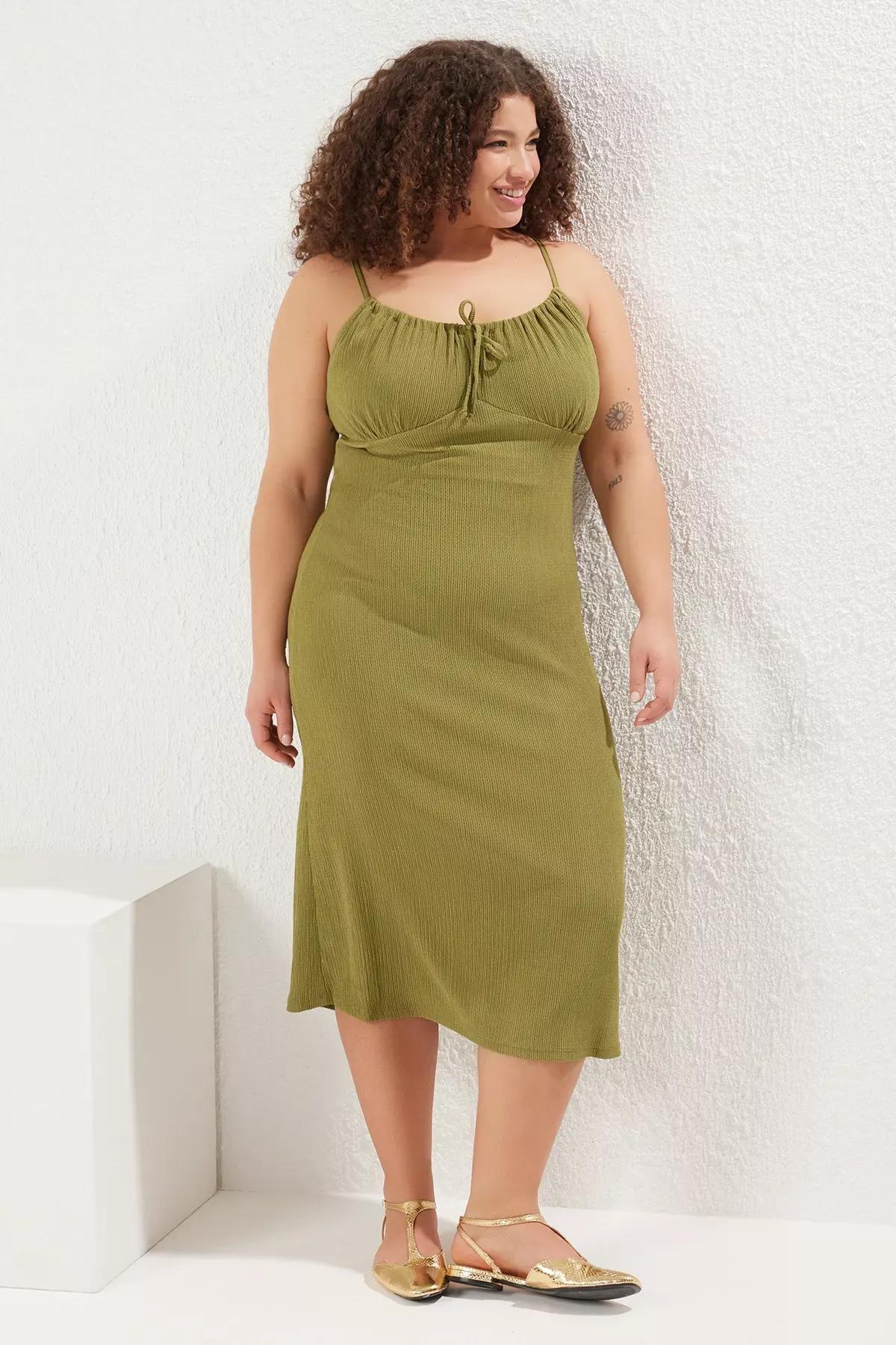 Green Strap A-Line Knitted Plus-Size Dress, Khaki, large image number 0
