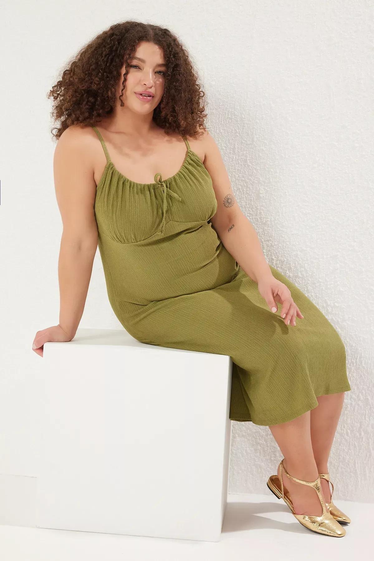 Green Strap A-Line Knitted Plus-Size Dress, Khaki, large image number 1