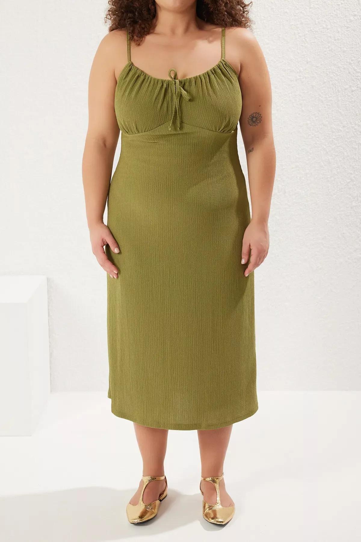 Green Strap A-Line Knitted Plus-Size Dress, Khaki, large image number 2