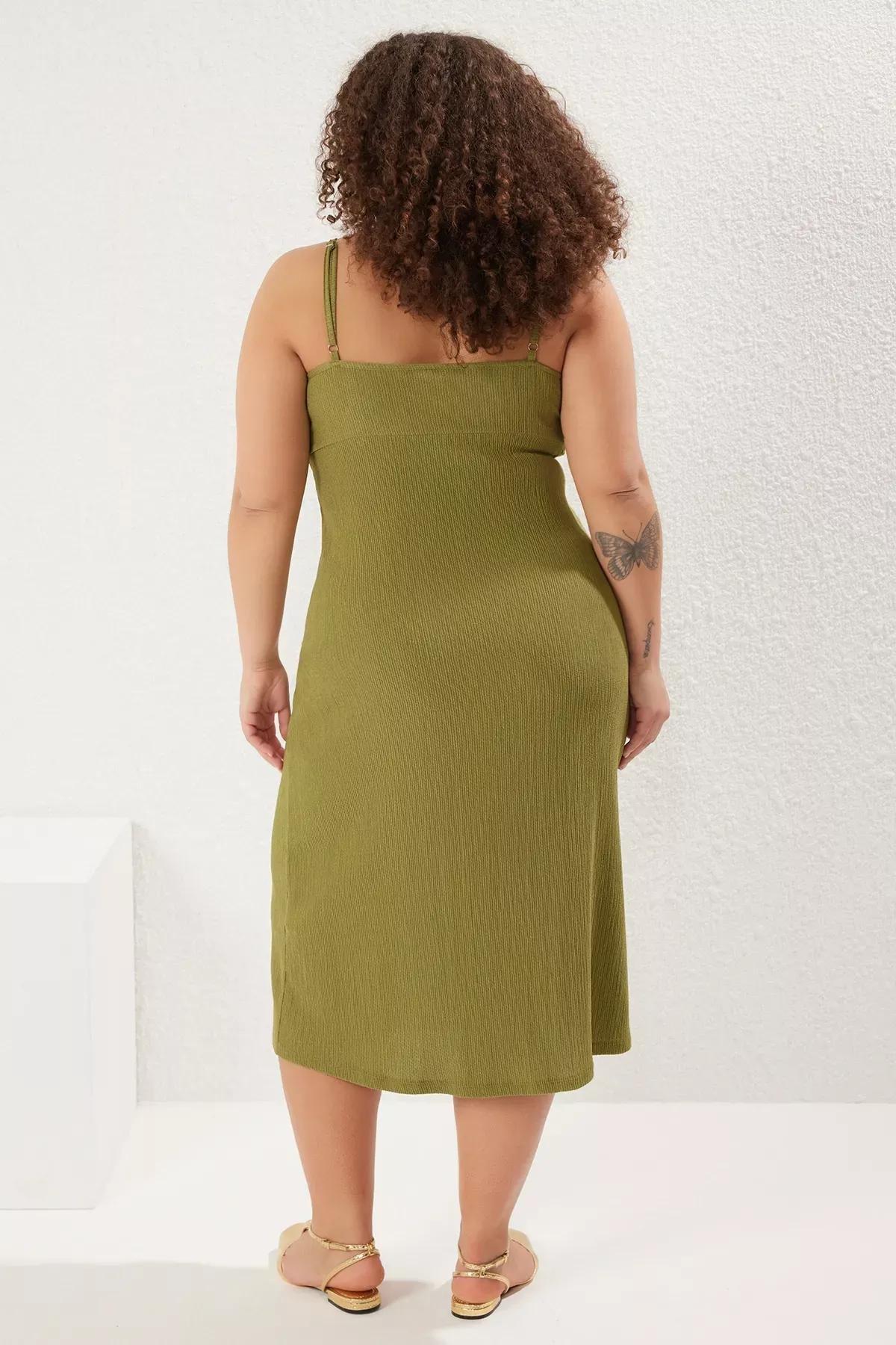 Green Strap A-Line Knitted Plus-Size Dress, Khaki, large image number 4
