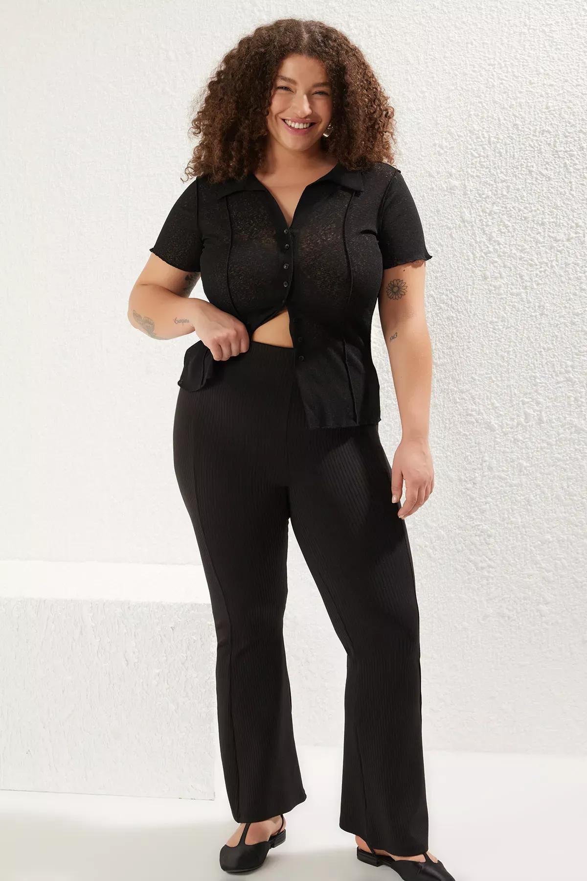 Black Ribbed Bell-Bottom Leggings, , large image number 0