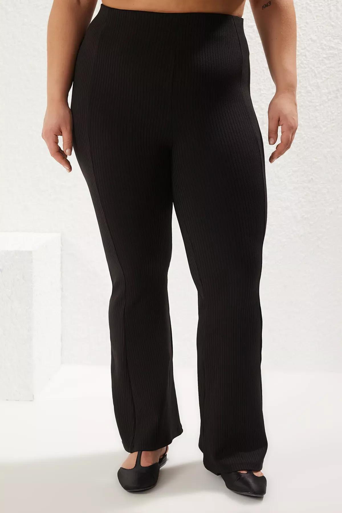Black Ribbed Bell-Bottom Leggings, , large image number 2