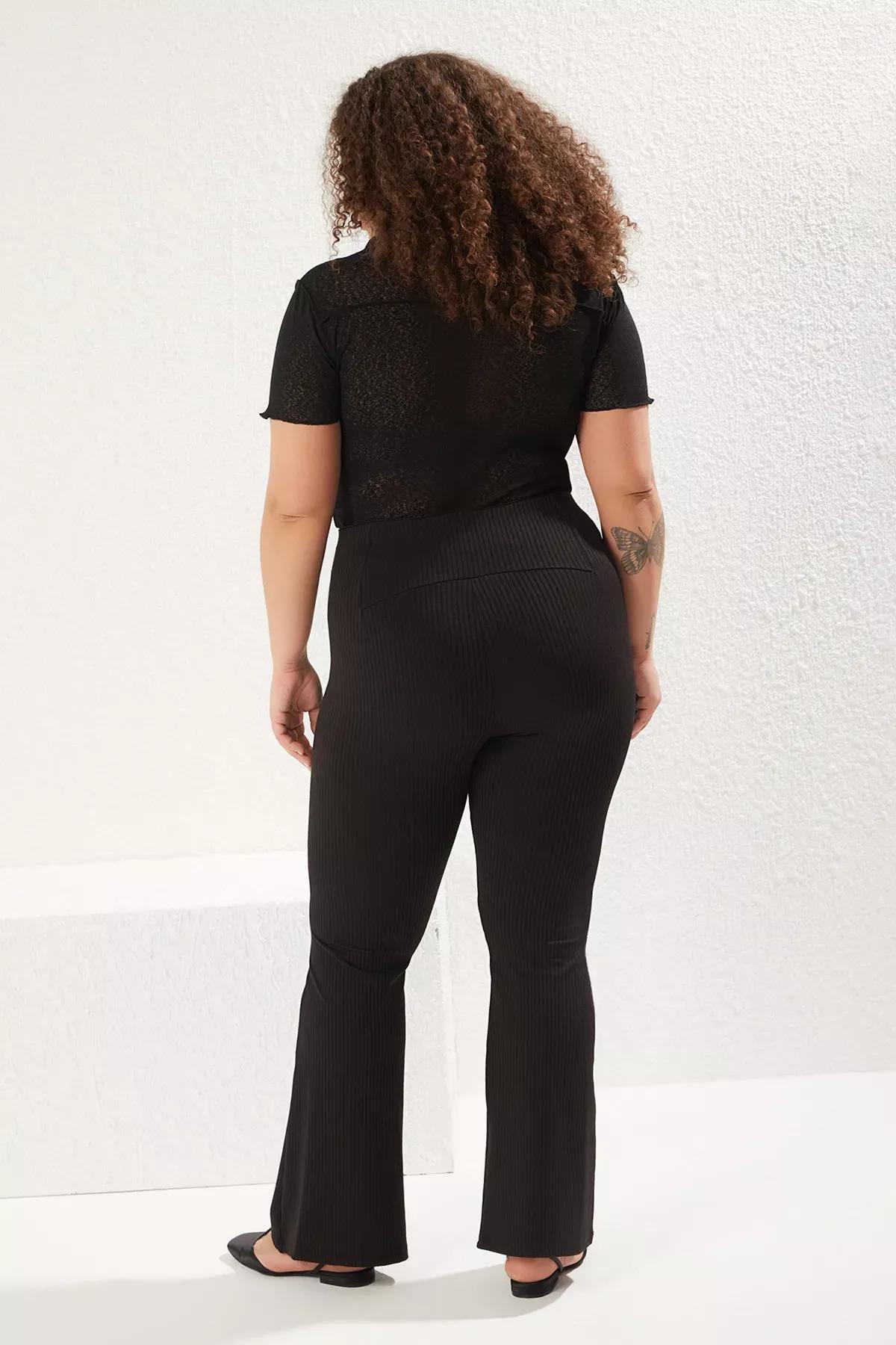 Black Ribbed Bell-Bottom Leggings, , large image number 4