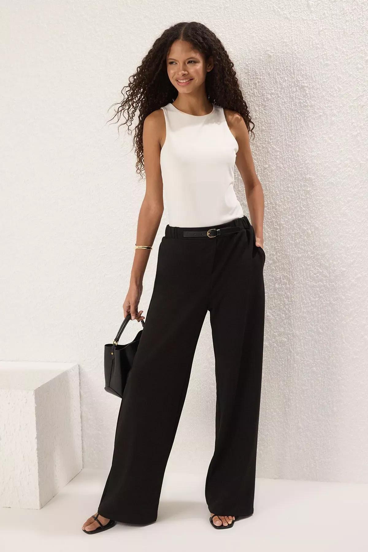 Black Belted Wide Cut Trousers, BLACK, large image number 1
