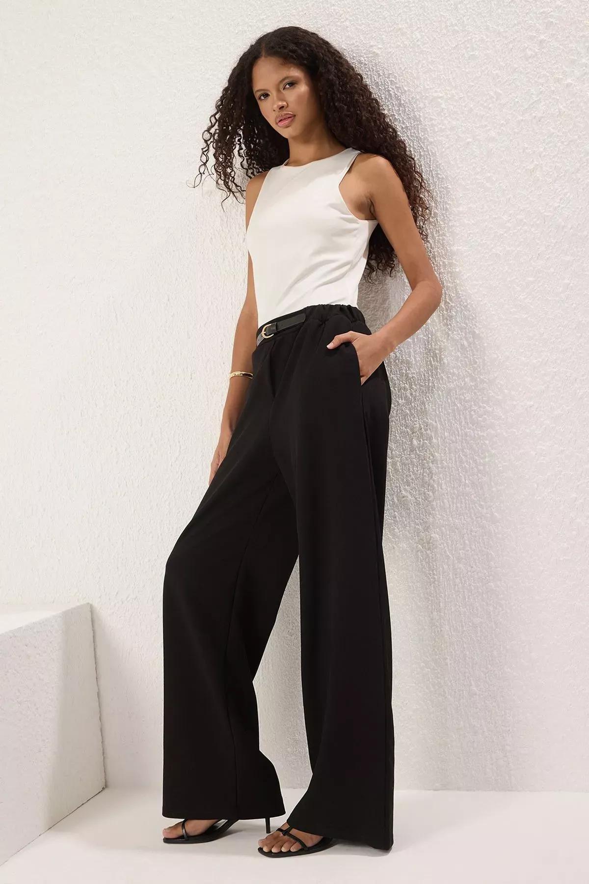 Black Belted Wide Cut Trousers, BLACK, large image number 2