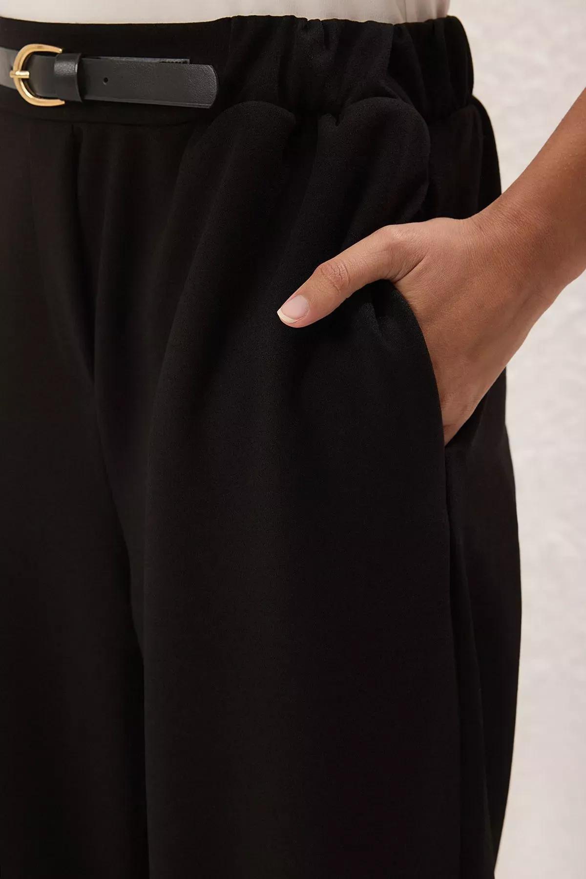 Black Belted Wide Cut Trousers, BLACK, large image number 3