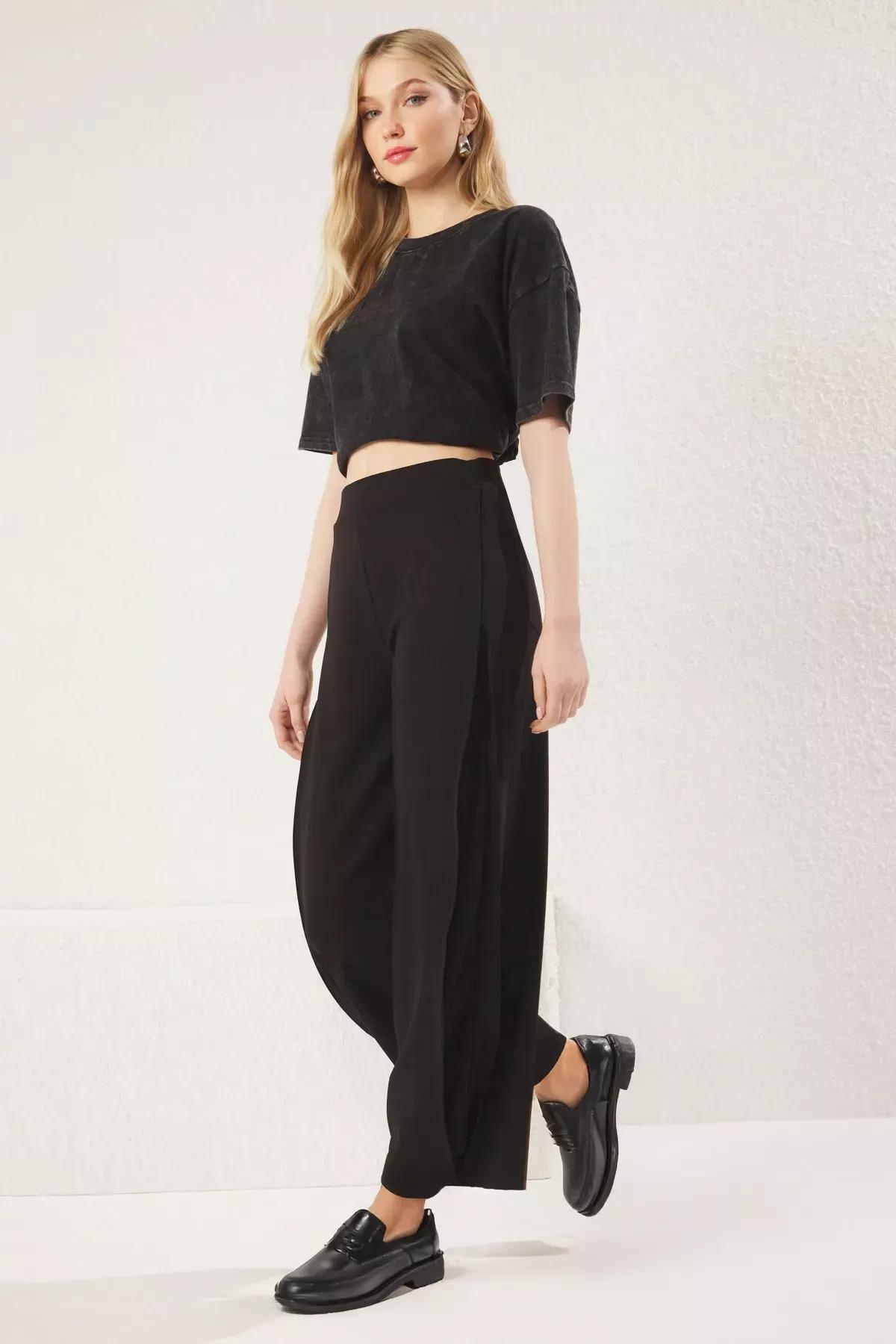 Black Pleated High-Waist Knit Trousers, BLACK, large image number 0