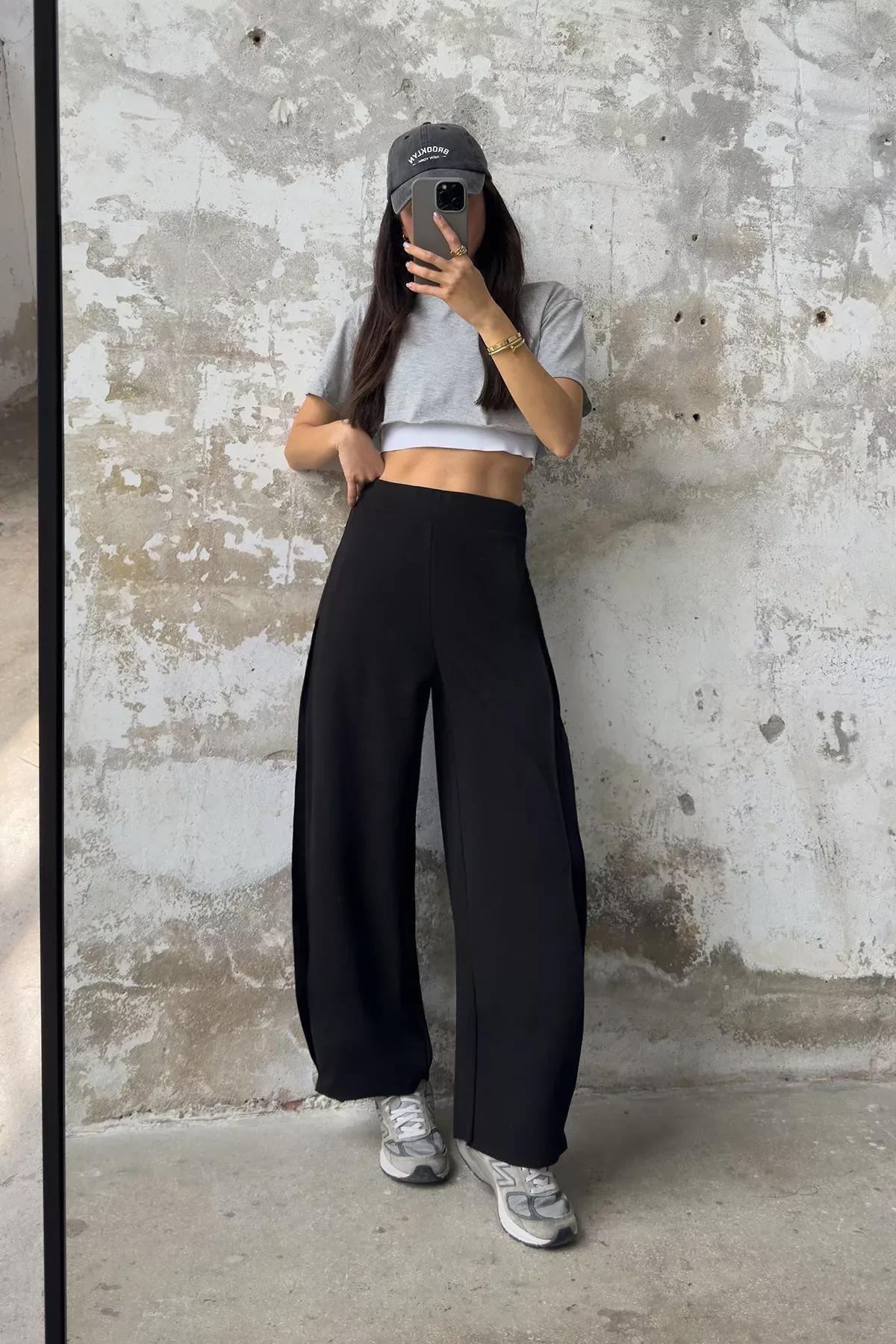 Black Pleated High-Waist Knit Trousers, BLACK, large image number 1