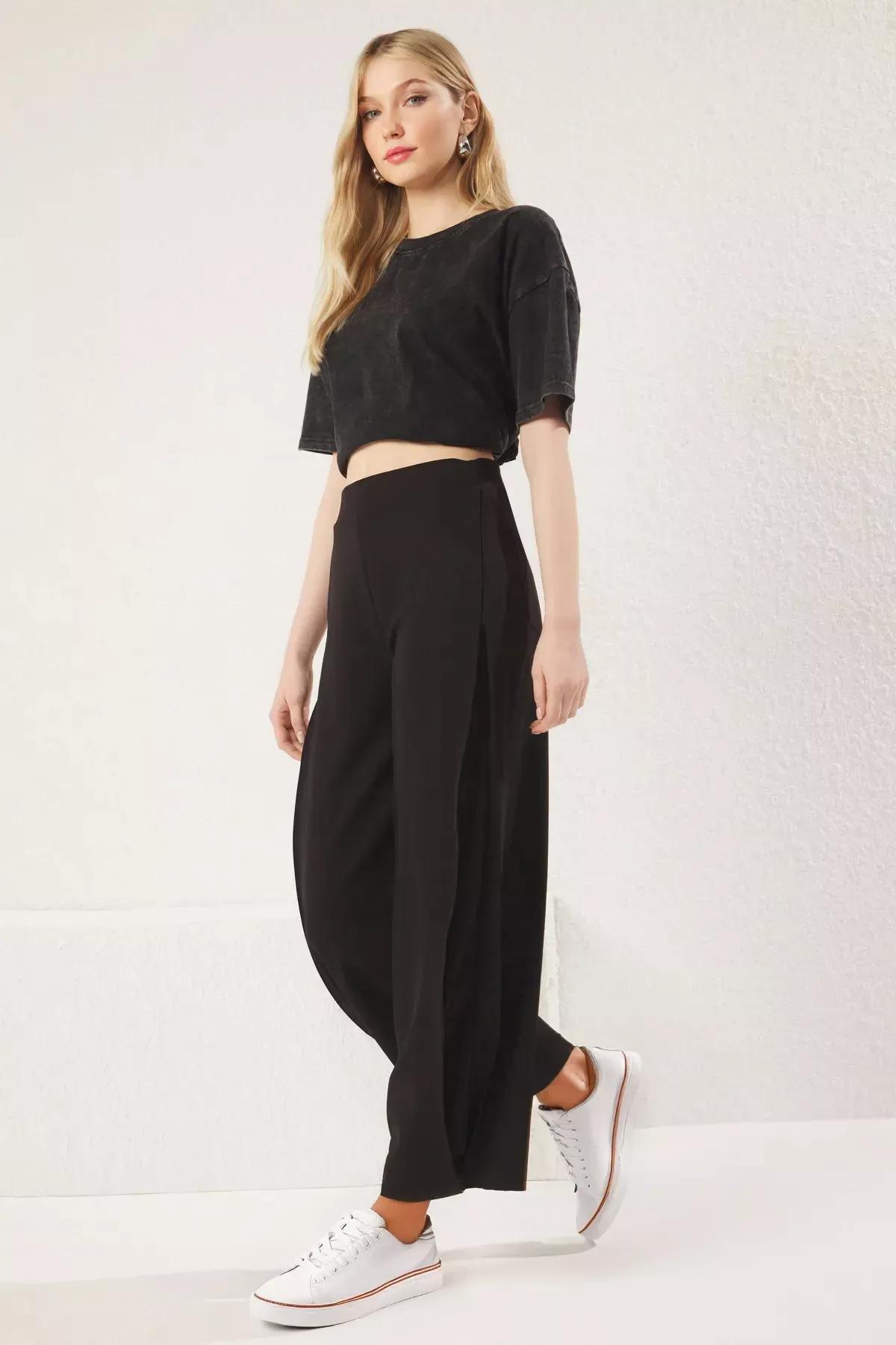 Black Pleated High-Waist Knit Trousers, BLACK, large image number 2